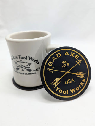 Bad Axe Leather Coasters Shown with Mug