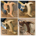 shows 4 different types of laminated handles in cherry white oak maple and walnut with apple ply